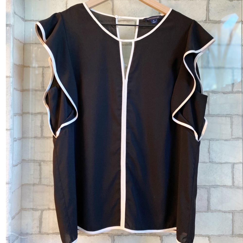 Tommy Hilfiger Black Flutter Sleeve Blouse with White Trim Size M Like New